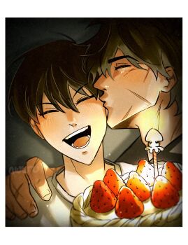 2boys areuwuu black_hair cake candle closed_eyes food grin hand_on_another&#039;s_shoulder highres holding holding_cake holding_food kim_dokja kiss large_hands male_focus multiple_boys multiple_scars omniscient_reader&#039;s_viewpoint photo_(object) portrait scar scar_on_face short_hair smile strawberry_cake yaoi yoo_joonghyuk