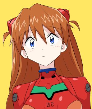 1girl :/ artist_request blue_eyes bodysuit breasts brown_hair hair_between_eyes highres long_hair looking_at_viewer mecha_pilot_suit neon_genesis_evangelion plugsuit red_background red_bodysuit shiny_clothes solo souryuu_asuka_langley two_side_up upper_body