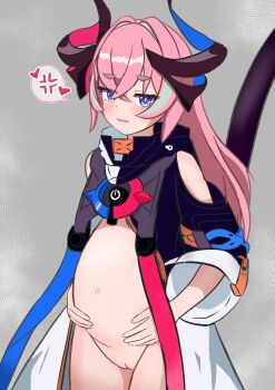 1girl absurdres anger_vein belly black_horns black_jacket blue_eyes blue_horns delta_(honkai_impact) fang green_hair grey_background hair_between_eyes hair_intakes hands_on_own_stomach heart highres honkai_(series) honkai_impact_3rd horns jacket loli long_hair long_sleeves looking_at_viewer multicolored_hair navel ng1sh8 no_panties pink_hair power_symbol pregnant pregnant_loli pussy red_horns red_pupils rozaliya_olenyeva sidelocks skin_fang slit_pupils solo spoken_anger_vein standing stomach tail tail_raised thick_eyebrows two-tone_hair wide_sleeves