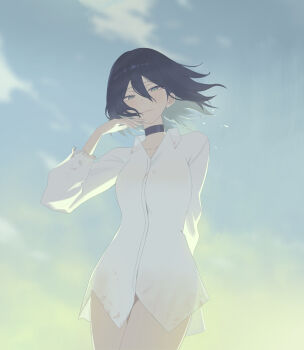 1girl absurdres black_choker black_hair breasts chainsaw_man choker collarbone commentary double-parted_bangs floating_hair hair_between_eyes highres light_smile looking_at_viewer naked_shirt open_collar oro_(lsg0624) outdoors reze_(chainsaw_man) see-through_silhouette shirt small_breasts solo thighs