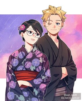 1boy 1girl black_eyes black_hair black_hakama black_kimono blonde_hair blue_eyes boruto:_two_blue_vortex commentary_request earrings flower glasses hair_flower hair_ornament hakama hands_in_opposite_sleeves highres japanese_clothes jewelry kimono naruto_(series) one_eye_closed onka_(aun_ka28) parted_lips print_kimono scar scar_across_eye scar_on_face short_hair smile twitter_username uchiha_sarada uzumaki_boruto watermark wide_sleeves
