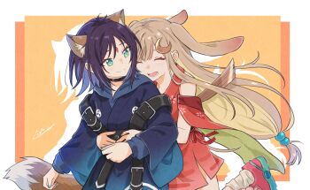 Rule 34 | 2girls, animal ears, black choker, blue hoodie, brown hair, cho kaguya-hime!, choker, closed eyes, cowboy shot, crescent, crescent hair ornament, drop shadow, extra ears, forehead jewel, fox ears, fox tail, green eyes, hair ornament, hands on another's waist, highres, hood, hoodie, hug, hug from behind, isumi, japanese clothes, kaguya (cho kaguya-hime!), kimono, long hair, looking at another, looking back, lop rabbit ears, low-tied long hair, multiple girls, open mouth, orange background, purple hair, rabbit ears, red kimono, sakayori iroha, short hair, smile, standing, standing on one leg, tail, yuri