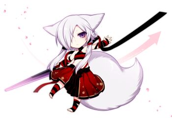Rule 34 | 1girl, aika (konshin), animal ears, arm wrap, bare shoulders, chibi, fox ears, fox tail, hair over one eye, holding, holding sword, holding weapon, konshin, leg wrap, looking at viewer, midriff, original, petals, purple eyes, short hair with long locks, simple background, solo, sword, tail, weapon, white hair