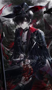 1boy 1other absurdres bird black_bird black_eyes black_hair black_hat black_nails closed_mouth cloud cloudy_sky crossed_bangs crow dagger dark_cloud day eyelashes fingernails flag gem hair_between_eyes hat hat_ornament highres knife large_hat lips long_sleeves looking_at_viewer mianbao_zong_hui_you_de nail_polish original outdoors pale_skin red_flag red_gemstone short_hair sidelocks sky solo_focus watermark weapon