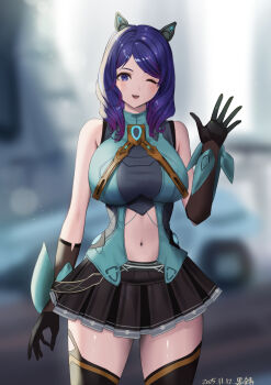 ;d bare_shoulders black_gloves blurry blurry_background breasts clothing_cutout commentary_request cross_(xenoblade_x) dated gloves highres large_breasts looking_at_viewer miniskirt navel navel_cutout one_eye_closed open_mouth outdoors purple_hair skirt smile thighhighs waving xenoblade_chronicles_(series) xenoblade_chronicles_x yamamori_kinako