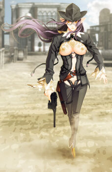 1girl absurdres bad_anatomy bad_feet belt black_panties breasts cowboy_hat cowboy_western elf feet female_focus frown game_cg glasses gun handgun hat highres holster large_breasts lily_salvatana lipstick long_hair makeup mauser_c96 nishii_(damnedrive) nitroplus non-web_source panties pistol pointy_ears poorly_drawn purple_hair solo thigh_holster thigh_strap underboob underwear weapon wind yellow_eyes zoku_satsuriku_no_django