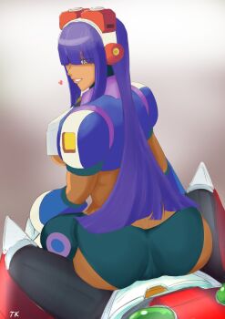 1boy 1girl android ass capcom dark-skinned_female dark_skin highres layer_(mega_man) mega_man_(series) mega_man_x_(series) robot sitting sitting_on_person tk-kun
