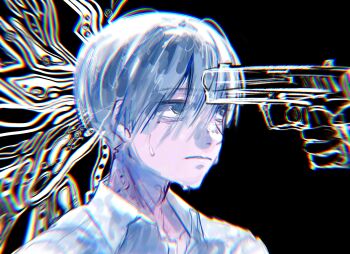 Rule 34 | 1boy, 1other, abstract, blue eyes, chromatic aberration, collared shirt, commentary request, expressionless, gun, headshot, highres, hikaru ga shinda natsu, holding, holding gun, holding weapon, indou hikaru, looking to the side, male focus, mdl616wla353963, out of frame, shirt, short hair, sweatdrop, weapon, white hair, white shirt