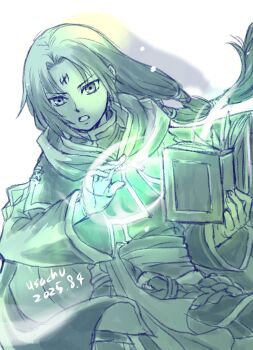 Rule 34 | 1boy, artist name, book, commentary request, dated, facial mark, fire emblem, fire emblem: path of radiance, forehead mark, green theme, highres, holding, holding book, long hair, male focus, nintendo, solo, soren (fire emblem), usachu now