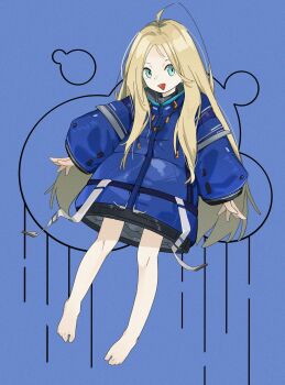 1girl absurdres ahoge aqua_eyes bare_legs barefoot blonde_hair blue_background blue_coat coat commentary diana_(pragmata) drawstring full_body highres long_hair long_sleeves looking_at_viewer open_mouth padded_coat pragmata puffy_coat puffy_long_sleeves puffy_sleeves skirt sleeves_past_wrists solo triangle_mouth very_long_hair xiaoxiaoxiao04