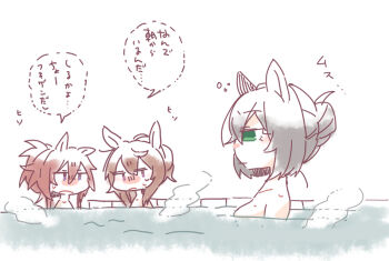 3girls animal_ears beer_hsk black_hair blush_stickers brown_hair chibi closed_mouth commentary_request green_eyes hair_between_eyes hair_bun horse_ears kin'iro_ryotei_(umamusume) long_hair multiple_girls nakayama_festa_(umamusume) nude orfevre_(old_design)_(umamusume) partially_submerged profile purple_eyes simple_background steam sweat translation_request umamusume water white_background
