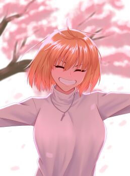 1girl ahoge arcueid_brunestud arms_at_sides blonde_hair blush breasts cherry_blossoms closed_eyes floating_hair grin hair_intakes highres jewelry large_breasts necklace short_hair sleeveless sleeveless_turtleneck smile sweater tree tsukihime tsukihime_(remake) turtleneck wavy_hair white_background white_sweater yowatari_party