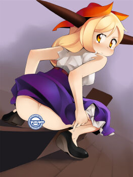 1girl ass bad_id bad_pixiv_id blonde_hair blush censored clothes_lift female_focus ghost_in_the_shell highres horns ibuki_suika laughing_man_(gits) long_hair looking_back no_panties no_socks novelty_censor orange_eyes skirt skirt_lift solo squat_toilet squatting tears toilet toilet_use topo_(bacchustab) topo_bevitore topo_tsuzuki touhou yellow_eyes