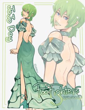 1girl alternate_costume backless_dress backless_outfit bare_back beads blue_eyes breasts character_name commentary dress english_commentary foo_fighters_(jojo) full_body green_dress green_hair green_lips green_shoes high_heels highres jojo_no_kimyou_na_bouken looking_at_viewer looking_back medium_breasts medium_hair nitillee shoes smile solo stone_ocean zoom_layer