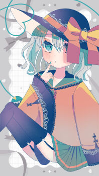 1girl black_hat black_thighhighs blouse blush bow buttons culotte_(hosenrock) diamond_button eyeball frilled_shirt_collar frilled_sleeves frills green_hair green_skirt hand_on_own_face hat hat_bow hat_ribbon heart heart_of_string highres komeiji_koishi ribbon shirt simple_background skirt solo thighhighs third_eye touhou yellow_bow yellow_ribbon yellow_shirt