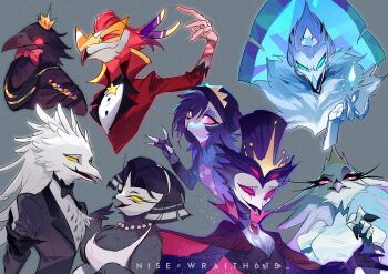 3girls 4boys andrealphus_(helluva_boss) bead_necklace beads beak beanie bird bird_boy bird_girl black_feathers black_hair blue_feathers blue_sclera bob_cut breasts brother_and_sister cleavage colored_sclera crown evil_smile extra_eyes eyelashes father_and_daughter feathers fingerless_gloves gloves grey_background hat hellaverse helluva_boss highres husband_and_wife jacket jewelry looking_at_another medium_breasts mother_and_daughter multiple_boys multiple_girls necklace octavia_(helluva_boss) open_mouth red_feathers red_jacket red_sclera ring scar siblings simple_background smile stella_(helluva_boss) stolas_(helluva_boss) top_hat turtleneck vassago_(helluva_boss) white_eyes white_feathers wraith615 yellow_sclera