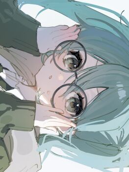 1girl adjusting_eyewear aqua_hair bespectacled blush brown_eyes close-up commentary flustered glasses hair_between_eyes hatsune_miku highres iam_yuragi looking_at_viewer open_mouth round_eyewear sideways solo sweatdrop twintails vocaloid