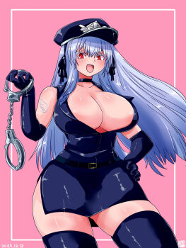 Rule 34 | 1girl, alternate breast size (larger), alternate costume, black dress, black gloves, black hat, black ribbon, black thighhighs, blush, breasts, cleavage, commentary request, contrapposto, cowboy shot, cuffs, dated, dress, elbow gloves, gloves, grey hair, hair ribbon, handcuffs, hat, highres, holding, holding handcuffs, huge breasts, itini-sanshi, long hair, looking at viewer, open mouth, peaked cap, pink hair, police, police uniform, policewoman, red eyes, ribbon, rozen maiden, short dress, sleeveless, sleeveless dress, smile, solo, sparkle, suigintou, thighhighs, very long hair