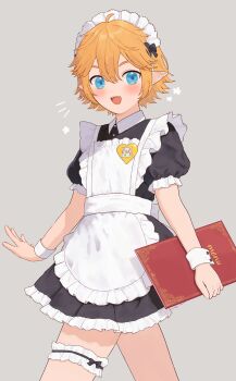 Rule 34 | 1boy, absurdres, alternate costume, aotu world, apron, badge, black bow, black dress, blonde hair, blue eyes, blush, bow, chinese commentary, commentary request, crossdressing, crossdressing (mtf), dress, enmaided, frilled apron, frilled dress, frilled thigh strap, frills, grey background, hair between eyes, highres, holding, holding menu, king (aotu world), looking at viewer, maid, maid apron, maid headdress, male focus, menu, notice lines, open mouth, pointy ears, puffy short sleeves, puffy sleeves, short hair, short sleeves, simple background, smile, solo, star (symbol), thigh strap, trap, velvet11, white apron, wrist cuffs