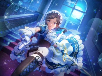 1girl ascot blue_dress boots brown_boots brown_corset brown_hair corset dress dutch_angle full_moon game_cg gloves gun handgun holding holding_gun holding_sword holding_weapon indoors knee_boots lace-up_boots looking_at_viewer maid moon night official_art parted_bangs parted_lips puffy_short_sleeves puffy_sleeves purple_eyes revolver short_sleeves shoujo_kageki_revue_starlight shoujo_kageki_revue_starlight_-re_live- sidelocks solo stairs sword tendou_maya thigh_strap v-shaped_eyebrows weapon white_ascot white_gloves window