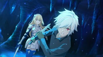 1boy 1girl aiz_wallenstein anime_coloring armor bell_cranel black_shirt blonde_hair boobplate breastplate breasts brown_gloves cave_interior clenched_teeth danmachi_battle_chronicle dirty dirty_clothes dirty_face dress dungeon_ni_deai_wo_motomeru_no_wa_machigatteiru_darou_ka faulds game_cg gloves hairband highres holding holding_knife holding_sword holding_weapon knife long_sleeves looking_at_viewer medium_breasts metal_hairband non-web_source official_art parted_lips red_eyes reverse_grip shirt short_dress sleeveless sleeveless_dress sword teeth vambraces weapon white_dress white_hair yellow_eyes