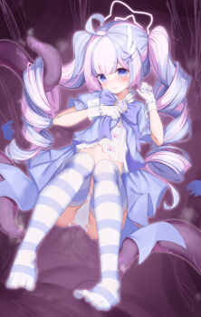 1girl absurdres ahoge blue_archive commentary gloves highres long_hair micho_(ryty2833) multicolored_hair official_alternate_costume panties reisa_(blue_archive) reisa_(magical)_(blue_archive) solo striped_clothes striped_thighhighs tentacles thighhighs twintails underwear white_gloves white_panties
