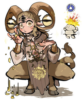 1girl alternate_form blonde_hair body_piercings breasts chibi chibi_inset cleavage cosplay disembodied_eye elden_ring elden_ring_nightreign extra_eyes gameplay_mechanics genderswap genderswap_(mtf) goat_horns goat_legs gold_wrist_cuffs hand_on_own_chest horizontal_pupils horns libra_(elden_ring) long_sleeves looking_at_viewer madness_affliction_(elden_ring) medium_breasts monster monster_focus o3o raider_(elden_ring) siegmeyer_of_catarina siegmeyer_of_catarina_(cosplay) sigil sparkle sparkling_aura squatting tirarizun very_big_eyes white_background