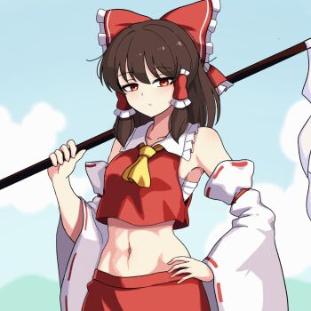 1girl abs ascot bilingual_commentary bow brown_hair closed_mouth collar commentary day detached_sleeves ehehe52921343 english_commentary expressionless frilled_bow frilled_collar frilled_hair_tubes frills gohei hair_bow hair_tubes hakurei_reimu hand_on_own_hip highres holding holding_gohei korean_commentary long_hair long_sleeves looking_at_viewer medium_hair midriff mixed-language_commentary navel outdoors red_bow red_eyes red_shirt red_skirt ribbon-trimmed_sleeves ribbon_trim sarashi shirt sidelocks skirt skirt_set sleeve_ribbon solo touhou upper_body white_collar wide_sleeves yellow_ascot