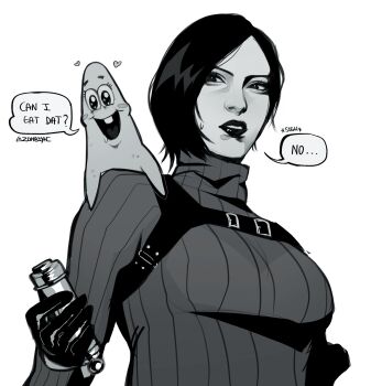 1boy 1girl ada_wong artist_name black_gloves black_hair blush_stickers breasts chest_harness commentary dress drooling english_commentary english_text gloves greyscale harness highres lipstick makeup medium_breasts monochrome mouth_drool on_shoulder open_mouth parted_bangs parted_lips patrick_star resident_evil resident_evil_4 resident_evil_4_(remake) ribbed_dress short_hair smile sparkling_eyes spongebob_squarepants_(series) starfish sweatdrop turtleneck turtleneck_dress upper_body white_background zombiyh