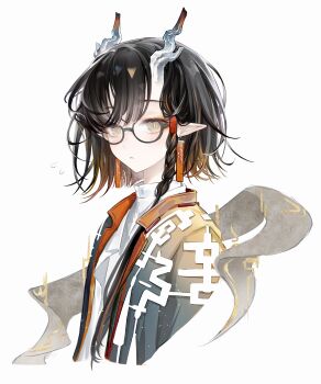 Rule 34 | 1girl, absurdres, arknights, black hair, coat, commentary request, dragon girl, dragon horns, earrings, flying sweatdrops, gelasi, glasses, highres, horns, jewelry, jie (arknights), long sleeves, multicolored hair, open clothes, open coat, parted lips, pointy ears, shirt, short hair, simple background, solo, tassel, tassel earrings, upper body, white background, white shirt, yellow eyes