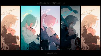 Rule 34 | 3girls, :o, ^ ^, ahoge, animal ear fluff, animal ears, aqua hair, ballistic shield, black choker, black dress, black gloves, black skirt, bleeding, blew andwhite, blood, blood from forehead, blood on clothes, blood on face, blood stain, blue archive, blue coat, blue eyes, blue halo, blue jacket, blue necktie, blue scarf, blush, breast pillow, breasts, brown gloves, choker, clenched teeth, closed eyes, closed mouth, coat, colored inner hair, commentary request, corpse, crying, death, debris, dress, dress shirt, embarrassed, extra ears, fang, fingerless gloves, from side, gloves, grey hair, grey skirt, hair between eyes, hair tie, halo, hand on another's head, head hug, height difference, high ponytail, highres, hoshino (blue archive), hoshino (first year) (blue archive), hoshino (second year) (blue archive), hug, huge ahoge, id card, injury, jacket, large breasts, long hair, long sleeves, looking at another, lying, lying on person, medium hair, multicolored hair, multiple girls, necktie, no halo on purpose, on back, open mouth, orange eyes, parted lips, pink hair, pink halo, plaid clothes, plaid skirt, ponytail, sad, scarf, school uniform, shield, shiroko (blue archive), shiroko (young) (blue archive), shiroko terror (blue archive), shirt, shirt tucked in, short hair, signature, simple background, skirt, sleeping, smile, sweatdrop, tears, teeth, torn clothes, upper body, very long hair, white hair, white shirt, wolf ears, wolf girl, yume (blue archive), yuri