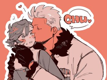 1boy 1girl antenna_hair black_gloves blush closed_eyes commentary_request couple dot_nose facial_hair fur-trimmed_jacket fur-trimmed_sleeves fur_trim gloves goatee_stubble hair_between_eyes heart hetero highres jacket kabane_(rjev8385) kiss kissing_cheek long_sleeves looking_at_another loose_hair_strand oc_x_canon one_piece original outline partially_colored profile red_background sailor_collar shirt short_hair simple_background smoker_(one_piece) speech_bubble spoken_heart stubble sweatdrop swept_bangs upper_body white_hair white_outline