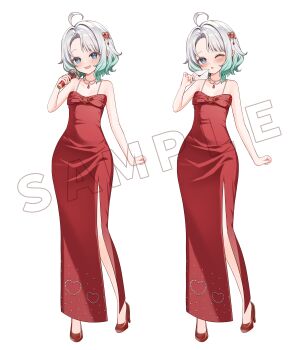 1girl :d ;o absurdres ahoge bare_arms bare_shoulders blue_eyes commentary_request dress envelope evening_gown full_body gradient_hair green_hair hair_ornament hand_up heart heart_hair_ornament high_heels highres holding holding_envelope holding_microphone indie_virtual_youtuber jewelry long_dress looking_at_viewer microphone mint_fantome multicolored_hair necklace noraneco117 official_art one_eye_closed open_mouth pointy_ears red_dress red_shoes sample_watermark shoes short_hair simple_background sleeveless sleeveless_dress smile variations virtual_youtuber watermark white_background white_hair