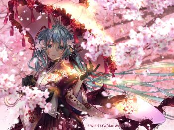 1girl aqua_eyes aqua_hair black_gloves blush cherry_blossoms closed_mouth commentary_request floral_print floral_print_kimono flower gloves hair_flower hair_ornament hashtag-only_commentary hatsune_miku holding holding_umbrella japanese_clothes kimono long_hair long_sleeves looking_at_viewer miku_day pink_flower pink_kimono pink_petals print_kimono smile solo twintails twitter_username umbrella very_long_hair vocaloid wide_sleeves yuzu_5101