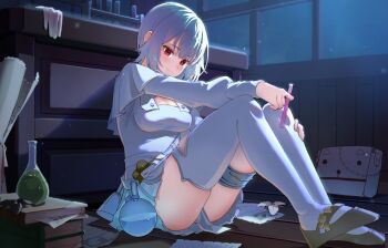 1girl alternate_costume alternate_hairstyle arm_on_knee arm_rest asymmetrical_legwear blurry bokeh book breasts capelet cleavage closed_mouth commentary_request depth_of_field eyelashes flask flower footwear_flower from_side full_body gloves grey_hair grey_sandals hair_between_eyes hakase_fuyuki hand_on_own_leg holding holding_test_tube indoors knees_up large_breasts long_bangs long_sleeves looking_at_viewer looking_to_the_side medium_breasts night nijisanji note on_floor paper paper_roll pleated_skirt puffy_long_sleeves puffy_sleeves red_eyes round-bottom_flask sandals sash shirt short_hair shoulder_strap shozakana sideways_glance sitting skirt smile solo table test_tube test_tube_rack thigh_strap thighhighs thighs toes_up uneven_legwear unworn_gloves virtual_youtuber white_capelet white_flower white_gloves white_sash white_shirt white_skirt white_thighhighs window wooden_floor