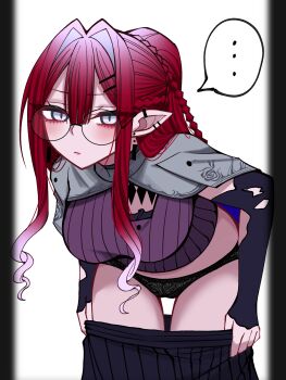 1girl baobhan_sith_(fate) baobhan_sith_(swimsuit_pretender)_(second_ascension)_(fate) black_panties black_skirt breasts capelet earrings fate/grand_order fate_(series) glasses grey_capelet grey_eyes highres jewelry long_hair looking_at_viewer mcpc_zamurai panties pink_hair pointy_ears round_eyewear sidelocks skirt solo underwear undressing white_background