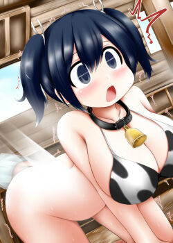1girl ^^^ all_fours anal anal_fisting animal_print bare_shoulders bell bikini bikini_top_only blue_eyes blue_hair blush_stickers bottomless breasts collar commentary cow_print empty_eyes fisting hair_tie huge_breasts kantai_collection light_beam light_censor neck_bell on_floor ouno_(nounai_disintegration) short_twintails souryuu_(kancolle) swimsuit twintails