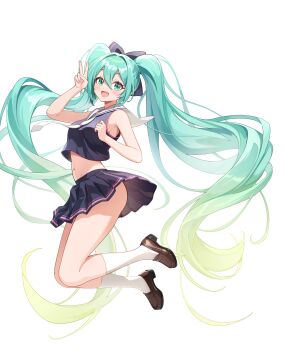 1girl :d absurdly_long_hair absurdres alternate_costume aqua_eyes aqua_hair black_ribbon black_shirt black_skirt blonde_hair breasts brown_shoes commentary double-parted_bangs full_body gradient_hair hair_between_eyes hair_intakes hair_ribbon hands_up hatsune_miku highres kneehighs light_blush long_bangs long_hair looking_at_viewer medium_breasts midriff miniskirt multicolored_hair navel open_mouth pleated_skirt ribbon sailor_collar shirt shoes simple_background skirt sleeveless sleeveless_shirt smile socks solo twintails v very_long_hair vocaloid wellsy white_background white_sailor_collar white_socks