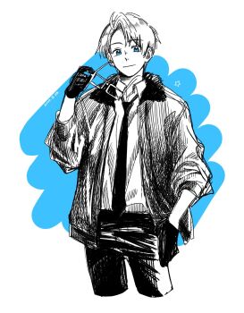 Rule 34 | 1boy, america (hetalia), arm up, axis powers hetalia, blue eyes, bomber jacket, closed mouth, collared shirt, commentary request, cropped legs, glasses, gloves, highres, holding, holding removed eyewear, jacket, looking at viewer, male focus, necktie, no eyewear, open collar, pants, parted hair, saiki illust2, shirt, short hair, smile, solo, spot color, unworn eyewear, white background