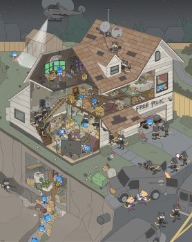 19vodnik 6+girls absurdres aircraft animal_ears bag ballistic_shield blonde_hair blue_dress blue_eyes blue_ribbon body_armor bomb bottle box bush calendar_(object) cardboard_box cat_ears cat_tail cirno controller cut-away detached_wings dress duffel_bag explosive fbi flashbang flashlight fumo_(doll) garden_gnome gun h&amp;k_mp5 handgun helicopter highres holding holding_remote_control house ice ice_wings industrial_pipe lawn map money monitor motor_vehicle multiple_girls multiple_monitors multiple_persona neco-arc night night_sky painting_(object) pilk pipe_bomb pizza_box plank remote_control ribbon rifle safe_(container) satellite_dish searchlight server_(computer) shed shield shotgun sky sniper_rifle speaker submachine_gun suppressor tail television tile_roof touhou trash trash_bag trash_can tsukihime tunnel van washing_machine weapon wings wooden_wall