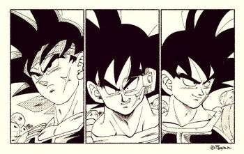 3boys bardock close-up collarbone dragon_ball dragon_ball_super dragon_ball_super_broly dragonball_z fenyon medium_hair monochrome multiple_boys multiple_persona scar scar_on_face spiked_hair twitter_username