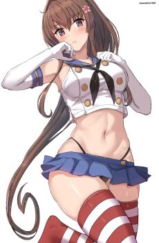 1girl black_neckerchief black_panties blue_sailor_collar blue_skirt blush breasts brown_eyes brown_hair cherry_blossoms commentary_request cosplay crop_top elbow_gloves flower gloves hair_between_eyes hair_flower hair_ornament highleg highleg_panties highres kantai_collection large_breasts long_hair looking_at_viewer microskirt navel neckerchief panties ponytail sailor_collar shimakaze_(kancolle) shimakaze_(kancolle)_(cosplay) skirt solo striped_clothes striped_thighhighs thighhighs twitter_username underwear very_long_hair white_gloves yamabiko1358 yamato_(kancolle)