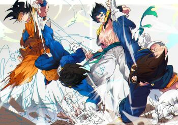 4boys black_hair blue_sash brown_hair commentary_request dougi dragon_ball dragonball_z earrings fighting fusion gogeta jewelry kicking metamoran_vest multiple_boys ommmyoh orange_pants pants potara_earrings saiyan_armor sash smile son_goku spiked_hair vegeta vegetto