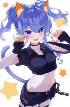 1girl absurdres alternate_costume alternate_hairstyle animal_ear_fluff animal_ears aya02ka belt black_belt black_choker black_gloves black_shirt black_skirt blue_eyes blue_hair breasts cat_ears cat_girl choker collared_shirt commentary_request cropped_shirt cuffs fingerless_gloves gloves handcuffs hands_up highres hololive hoshimachi_suisei kemonomimi_mode midriff miniskirt nail_polish navel orange_nails police police_uniform shirt short_hair_with_long_locks simple_background single_sidelock skirt small_breasts solo star_(symbol) star_in_eye symbol_in_eye twintails virtual_youtuber white_background