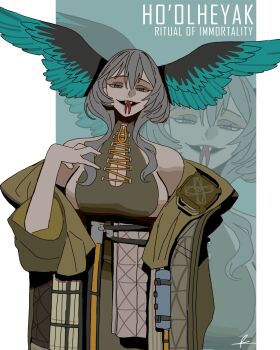 1girl arknights black_dress breasts dress feathered_wings grey_hair head_wings highres ho&#039;olheyak_(arknights) ho&#039;olheyak_(ritual_of_immortality)_(arknights) large_breasts long_dress medium_hair savadava side_slit snake_girl snake_tail solo tail wings