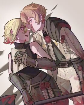 1boy 1girl alternate_costume ascot black_ascot black_shirt blonde_hair blood blood_in_hair blood_on_face couple cowboy_shot don_quixote_(project_moon) dutch_angle formal_clothes gauntlets hetero highres holding holding_polearm holding_weapon limbus_company looking_at_another meng_luoo n_corp._fanatic_(identity)_(project_moon) open_mouth polearm project_moon purity_seal shirt short_hair sinclair_(project_moon) sleeveless suit weapon white_suit yellow_eyes