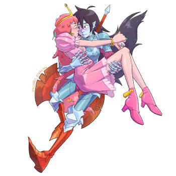 2girls adventure_time ahoge armor armored_boots artist_name axe black_hair boots bracelet carrying commentary couple dress ear_piercing english_commentary gauntlets high_heel_boots high_heels highres jewelry long_hair looking_at_another marceline_abadeer multiple_girls pale_skin piercing pink_boots pink_dress pink_hair pointy_ears princess_bonnibel_bubblegum princess_carry ring simple_background tiara white_background yuri zachary_sterling