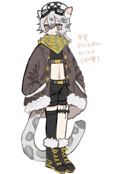 1girl :&lt; animal_ear_fluff animal_ears arknights bandana black_boots black_shorts black_thighhighs boots brown_jacket cliffheart_(arknights) closed_mouth commentary_request crop_top full_body fur-trimmed_boots fur-trimmed_jacket fur_trim goggles goggles_on_head grey_eyes grey_hair hair_between_eyes hands_in_pockets hat highres jacket leopard_ears leopard_girl leopard_tail looking_at_viewer navel newsboy_cap open_clothes open_jacket shorts simple_background single_thighhigh solo standing tail thighhighs thighhighs_under_boots translation_request wakame_yogurt white_background white_hat