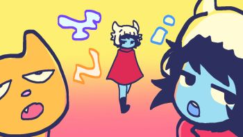 1boy 1girl animal_ears animal_nose animalization animated animated_gif black_boots black_hair blue_skin boots cat cat_ears colored_skin commentary english_commentary english_text fake_horns fang gradient_background horned_headwear horns hylics hylics_2 jitome kandyoki looping_animation multiple_views no_pants red_poncho short_hair skull_on_head somsnosa talking walk_cycle walking wayne_(hylics) yellow_skin