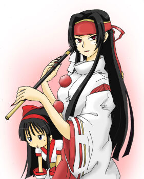 Rule 34 | 2girls, ainu clothes, akiran (r32), black hair, blue eyes, bow, breasts, fingernails, gohei, hairband, headband, height difference, japanese clothes, long hair, medium breasts, miko, multiple girls, nail polish, nakoruru, rashoujin mizuki, red bow, red eyes, samurai spirits, sharp fingernails, sidelocks, small breasts, snk, wide sleeves